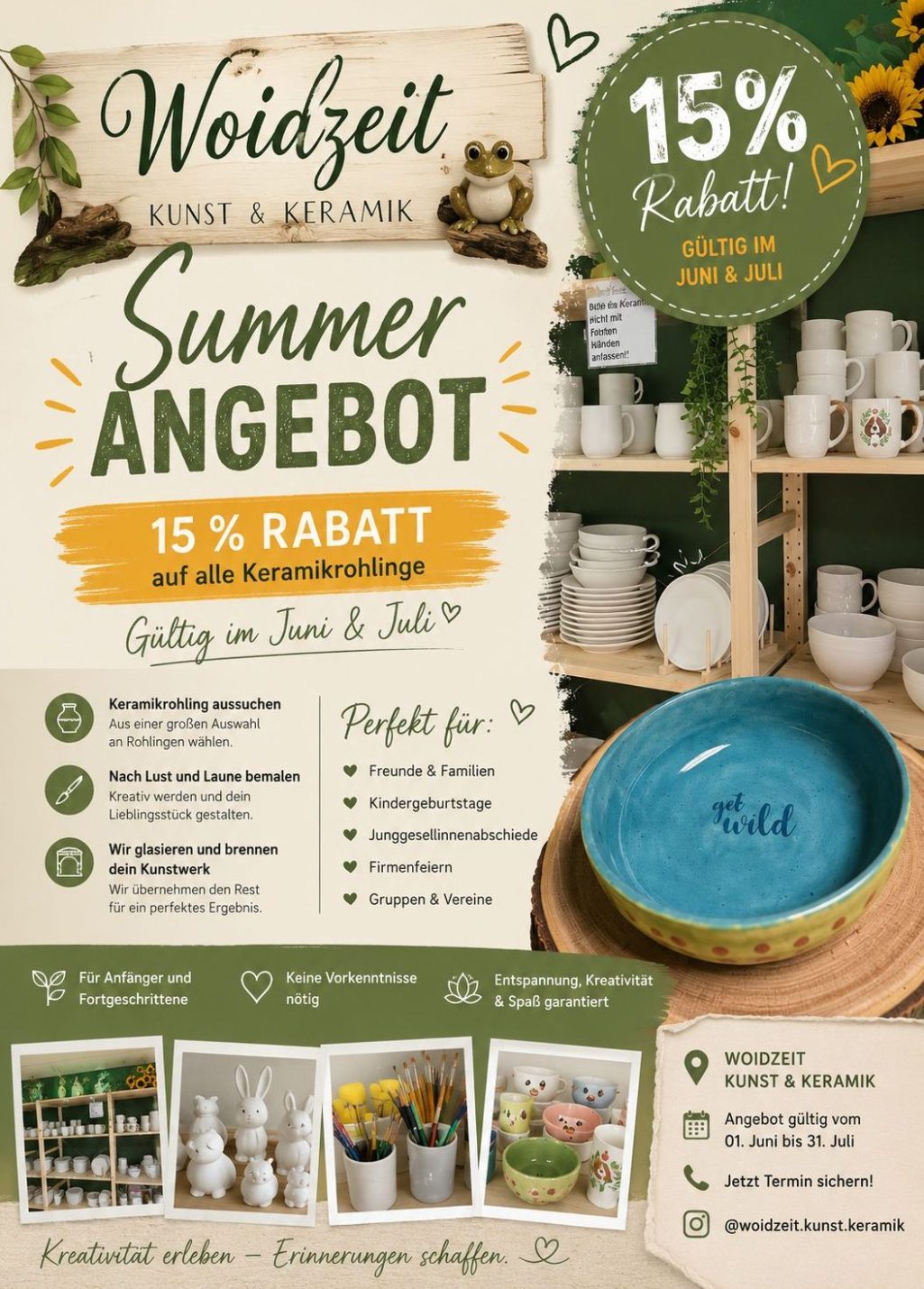 Rabatt Sommerangebot mit 15 % Rabatt, dekorative Elemente und Produktinformationen in grün-weißer Gestaltung.
